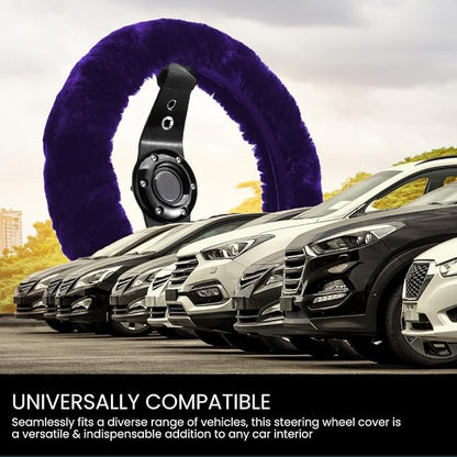 Andalus Brands Luxury Fluffy Car Steering Wheel Covers – Genuine Merino Sheepskin, Soft Fuzzy Car Steering Wheel Cover for Women, Universal 14.5-15" Size, Plush Fur Cute Auto Accessories, Dark Purple