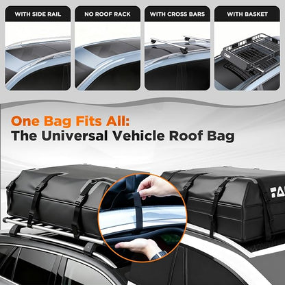 TANX Car Roof Bag - 21 Cubic Feet Rooftop Cargo Carrier, 100% Waterproof for All Cars with/Without Roof Rack, Includes Anti-Slip Mat, 12 Reinforced Straps, 6 Door Hooks, Luggage Lock & Storage Bag