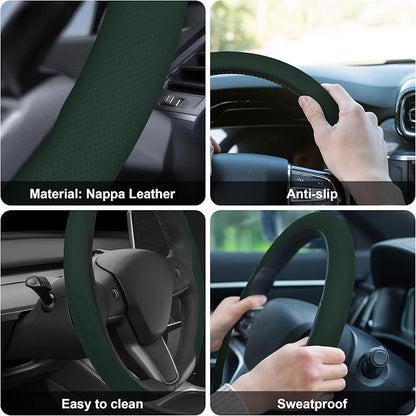 Frani Nappa Leather Steering Wheel Cover,Universal Fit 15 Inch-Premium Non-Slip Breathable Comfort Grip for Cars Trucks SUVs,Anti-Slip Durable Interior Upgrade Dark Green