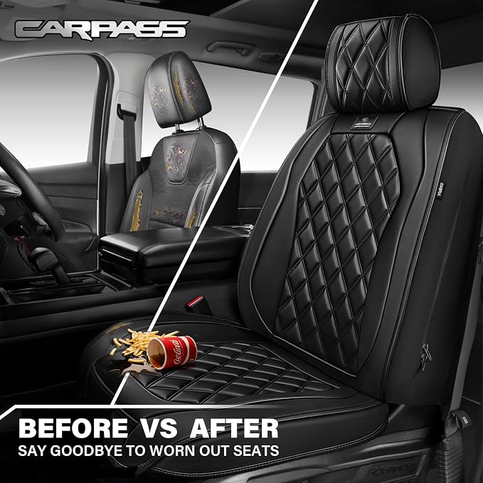 CAR PASS Luxury Nappa Leather Car Seat Covers Front Seats Only, Waterproof Faux Leather Front Seat Covers, Universal Automotive Seat Cushion Fit for Sedan SUV Truck Van, Airbag Compatible Rhomb Black