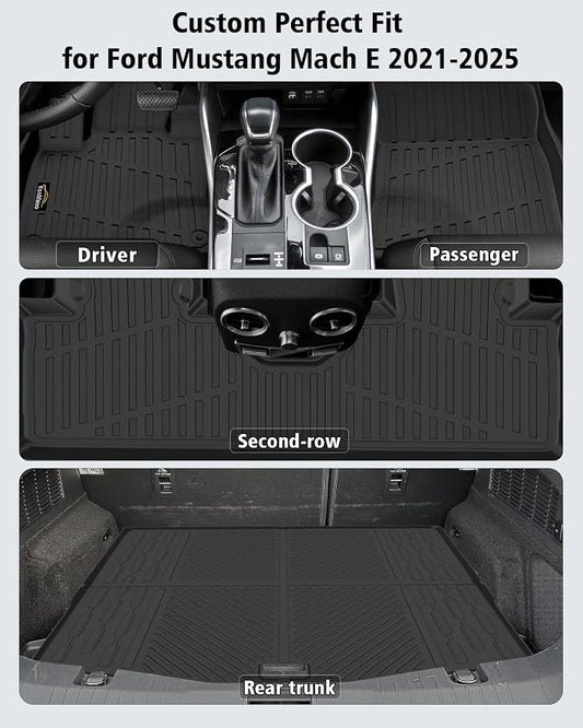 Floor Mats & Cargo Liner Custom Fit for Ford Mustang Mach E 2021-2025 2026 (NOT for Mustang) All Weather TPE Rubber 1st & 2nd Floor Liners Automotive Trunk Mat for Mach E 2025 Accessories, Black