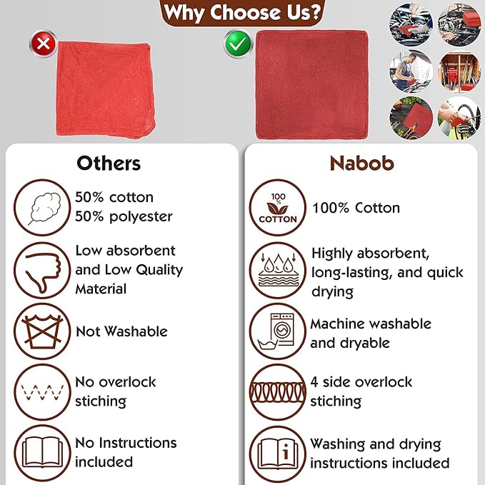 Nabob Wipers Auto Mechanic Shop Towels 500 Pack Bulk Shop Rags 100% Cotton Size 14"x14" Commercial Grade (500 Pack, Red)