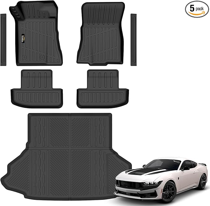 Floor Mats & Cargo Liner Custom Fit for Ford Mustang 2026 2025 2015-2024 (NOT for Mach-E) All Weather TPE Rubber 1st & 2nd Floor Liners Automotive Trunk Mat for Mustang 2025 Accessories, Black