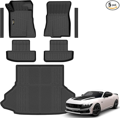 Floor Mats & Cargo Liner Custom Fit for Ford Mustang 2026 2025 2015-2024 (NOT for Mach-E) All Weather TPE Rubber 1st & 2nd Floor Liners Automotive Trunk Mat for Mustang 2025 Accessories, Black
