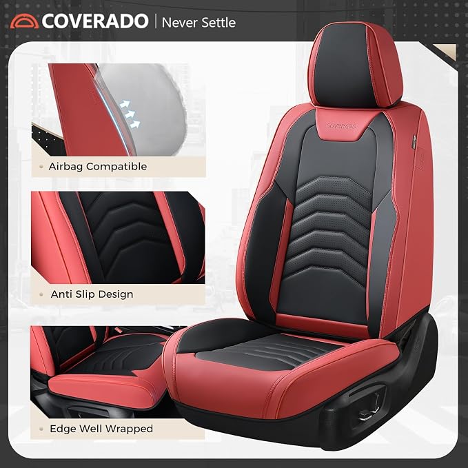Coverado Front Seat Covers for Cars, 2 Pack Faux Leather Car Seat Covers, Waterproof Automotive Seat Covers Driver Car Seat Protector Car Seat Cushion Universal Fit for Most Cars Trucks SUV, Red&Black