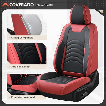Coverado Front Seat Covers for Cars, 2 Pack Faux Leather Car Seat Covers, Waterproof Automotive Seat Covers Driver Car Seat Protector Car Seat Cushion Universal Fit for Most Cars Trucks SUV, Red&Black