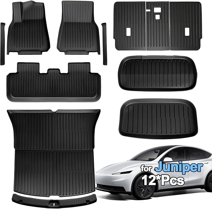 SUPER LINER Tesla Model Y Floor Mats 2025 2026 | Custom Fit All-Weather 12-Piece Set TPE Material| Model Y Juniper Floor Mats Back Seat Protector,Cargo Liner, Trunk & Interior Accessories 5-seat