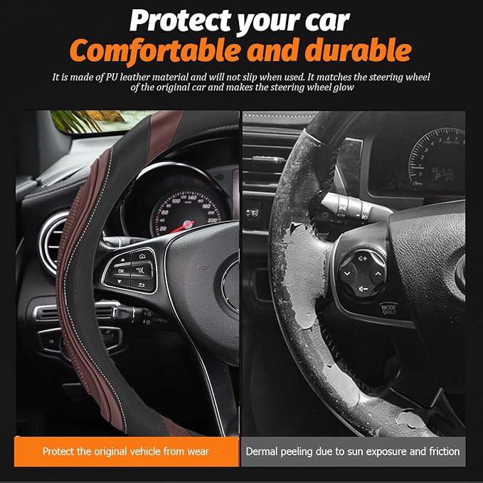 Osilly 15 Inch Car Leather Steering Wheel Cover, Automotive Accessories Elastic Breathable Anti-Slip Soft Wheel Protector Fits Men and Women, Suitable for SUVs, Trucks, Vehicles and RVs (Coffee)