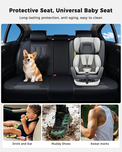 Huidasource Seat Covers Full Set, Universal Fit for Most Cars SUVs Trucks, Full Coverage Leather Car Seat Cover, Airbag, Cupholder Compatible, Seat Function Retain, Velcro Adjustable, Black