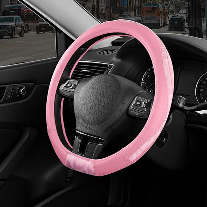 Road Comforts Steering Wheel Cover - Flat Bottom Wheel Cover Made with PVC Leather and Leopard Fabric - Universal Fit for 15-Inch D-Shaped Automotive Steering Wheels (All Pink)