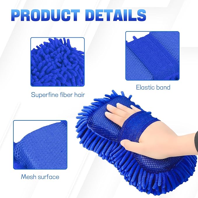 2PCS Microfiber Car Wash Sponge, Double Sided Chenille Microfiber Car Wash Mitt, Scratch Free & Lint Free, Absorbent Automotive Washing Sponges, Auto Cleaning Supplies (Royal Blue)