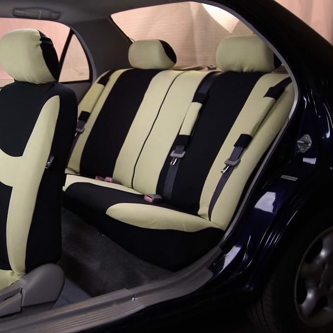 FH Group Car Seat Covers Combo Full Set with Carpet Floor mats Steering Wheel Cover and Seat Belt Pads- Universal Fit for Cars Trucks and SUVs (Beige)