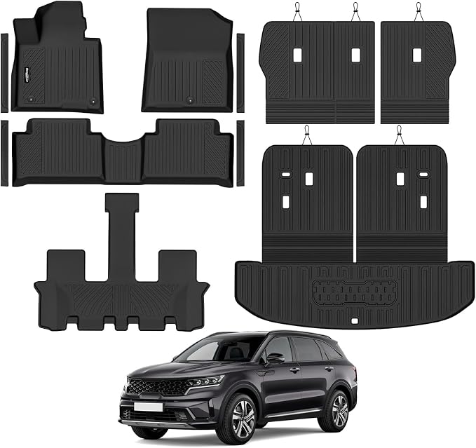 Floor Mats for 2021-2026 Kia Sorento Gas 7 Seats/Bench Seat (Not for Hybrid), Trunk Mat and Backrest Mats & Door Sill Guard All Weather TPE Protector for Kia Sorento Accessories