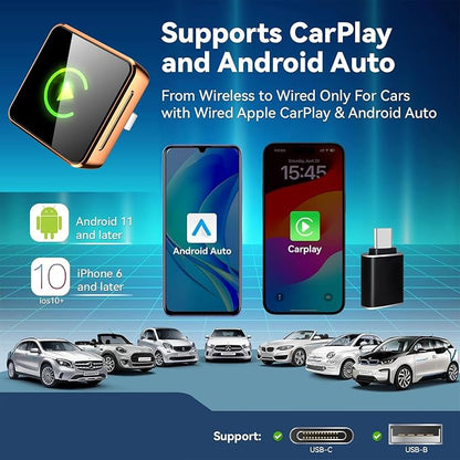 Wireless CarPlay Adapter 2026 Upgraded, 2-in-1 Adapter Converts Wired to Wireless Dongle, 5GHz WiFi Auto-Connection, Plug & Play for Cars with Factory Wired CarPlay/Android Auto (Orange)