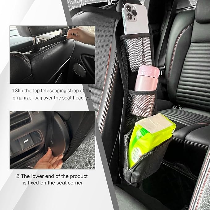 2PCS Car Seat Side Organizer, Seat Side Storage Pocket, Multifunctional Mesh Net Pocket, Car Multi-Pockets Backseat Organizer Side Hanging Bag for Storage Coins, Cell Phones (Black, 2PCS)