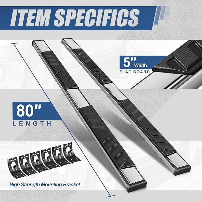 Auto Dynasty Flat Running Boards Compatible with 2009-2024 Dodge Ram 1500 Truck Extended/Quad Cab, Stainless Steel Side Step Rail Nerf Bars, 5" Step Bars, Polished Chrome