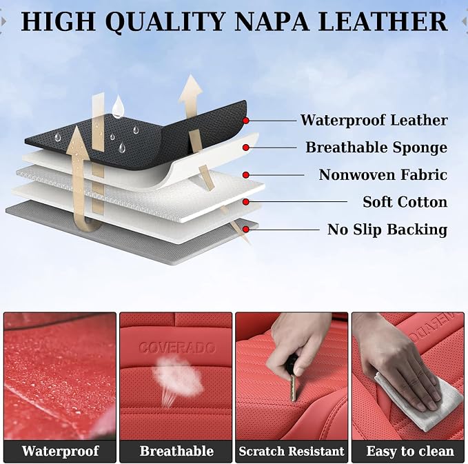 Coverado Car Seat Covers Full Set, Red Seat Covers for Cars, Automotive Seat Covers, Waterproof Nappa Leather Front Seats and Back Car Seat Protector, Universal Fit for Most Cars SUV Trucks