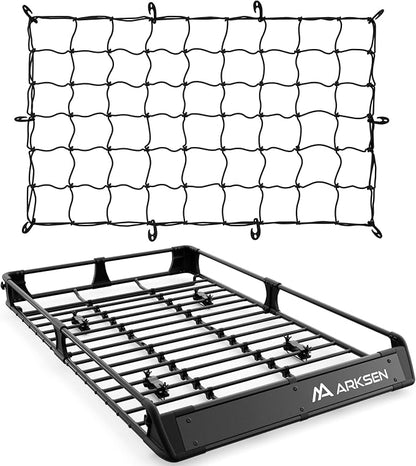 ARKSEN 2-in-1 Foldable Fairing Roof Rack Cargo Basket (Deflector & Flat Mode) with Net, 64" x 39" Heavy Duty Steel Rooftop Carrier, 250 lbs Max Load, Fits SUV Truck Pickup for Kayaks, Canoes & Luggage