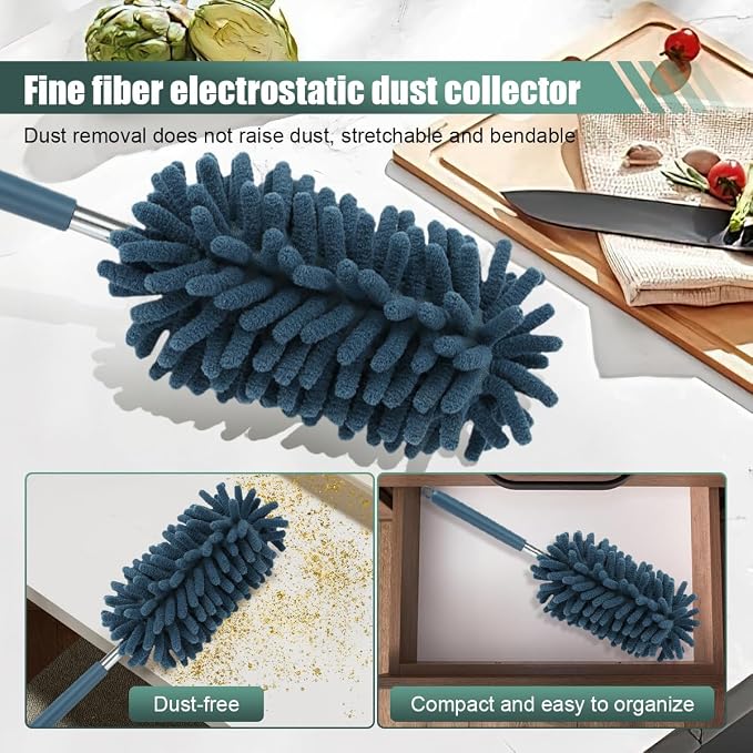 2PCS Car Interior Duster, Soft Chenille Detailing Brush with Extension Pole, Washable Long Handle Cleaning Duster Tool for Auto Dash Vent Window, Universal Home Car Cleaning Supplies (Blue)
