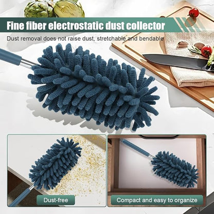 2PCS Car Interior Duster, Soft Chenille Detailing Brush with Extension Pole, Washable Long Handle Cleaning Duster Tool for Auto Dash Vent Window, Universal Home Car Cleaning Supplies (Blue)