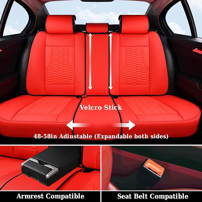 Coverado Car Seat Covers Full Set, Nappa Leather Red Car Seat Covers, Waterproof Automotive Seat Covers for Cars Interior Accessories Universal Fit Most Sedans, SUVs, Pick-up Trucks