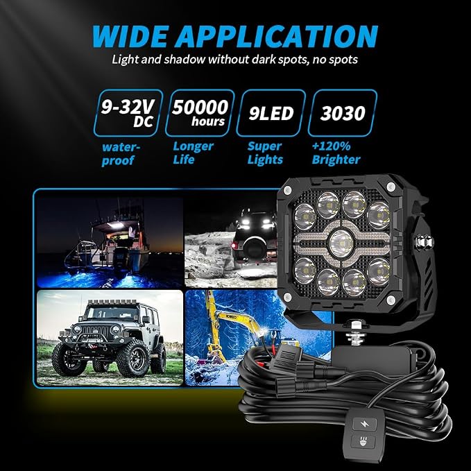 Led Light Pods for Truck Ditch Lights Off Road Lights Cube Led Flood Beam 4Inch 80W 5200LM Spot Flood Combo Far & Wide Amber White for Trucks, ATVs, UTVs, Jeeps, Cars, Motorcycles, Pair