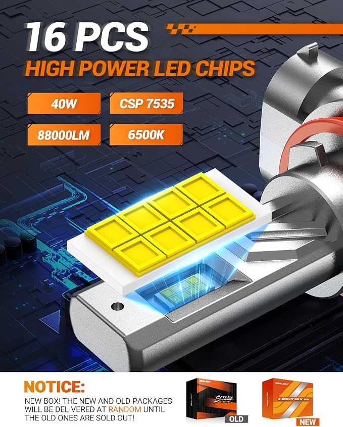 SEALIGHT 9005 h11 LED Bulbs Combo, 9X Brighter 88000LM Output, 6500K White Canbus Ready, 9005/HB3 H11/H8/H9 LED Bulbs, IP68 and 80000Hrs Lifespan, 3Mins Installation, 4 Pack