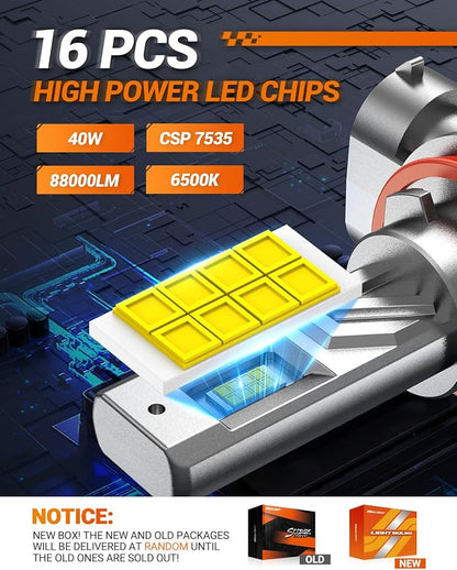 SEALIGHT 9005 h11 LED Bulbs Combo, 9X Brighter 88000LM Output, 6500K White Canbus Ready, 9005/HB3 H11/H8/H9 LED Bulbs, IP68 and 80000Hrs Lifespan, 3Mins Installation, 4 Pack
