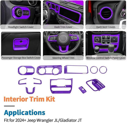 JeCar 11pcs Purple Interior Accessories Trim Kit for 2024 2025+ Jeep Wrangler JL JLU & Gladiator JT - Dashboard Decoration Upgrade