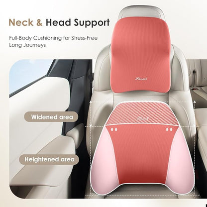 FLORICH Upgraded 3-in-1 Memory Foam Car Seat Cushion Set with Lumbar Support & Neck Pillow, Washable Driving Seat Cushion for Back & Sciatica Pain Relief, Non-Slip Seat Cushion for Car, Office-Pink