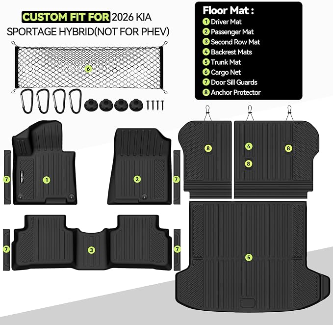 Tongama-Floor Mats for 2026 Kia Sportage Hybrid, All Weather TPE Trunk Mat and Backrest Mats Protector and Cargo Net and Door Sill Guards for Kia Sportage Floor Liner Accessories