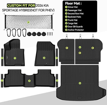 Tongama-Floor Mats for 2026 Kia Sportage Hybrid, All Weather TPE Trunk Mat and Backrest Mats Protector and Cargo Net and Door Sill Guards for Kia Sportage Floor Liner Accessories