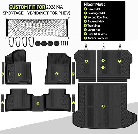 Tongama-Floor Mats for 2026 Kia Sportage Hybrid, All Weather TPE Trunk Mat and Backrest Mats Protector and Cargo Net and Door Sill Guards for Kia Sportage Floor Liner Accessories