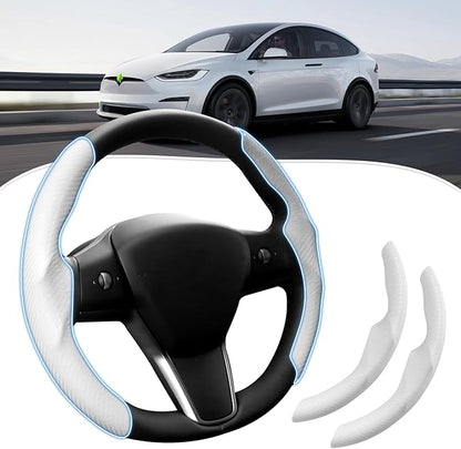 Canvcle Steering Wheel Cover for Tesla Model 3/Y 2016-2025 2026 Highland/Juniper Accessories Carbon Fiber Steering Wheel Cover Protector Non-Slip, Comfortable, Breathable, Model 3/Y Accessories, White