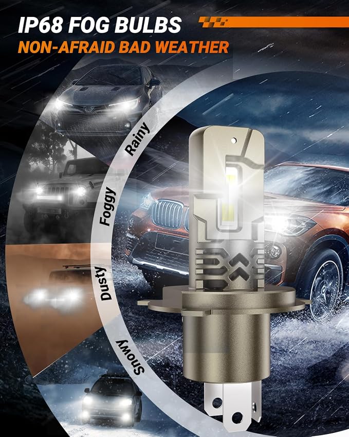SEALIGHT H4/9003/HB2 LED Bulbs 50000LM Super Bright, 10X Brighter 6500K White, Canbus Ready Direct Fit, IP68 Waterproof and 25000RPM Cooling Fan, 70000Hrs Long Lifespan, Plug-N-Play, Pack of 2