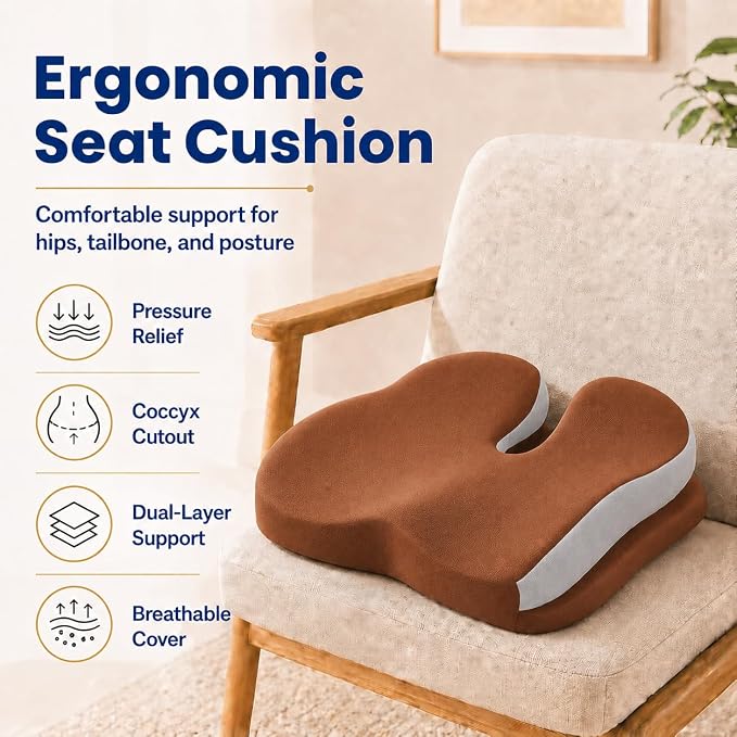 Seat Cushions for Office Chairs Wheelchair Cushion for Long Sitting Back Pain，Memory Foam Seat Car Computer Desk Chair Cushion，Coccyx Cushion for Tailbone Pain Relief Cushion Office Chair Brown