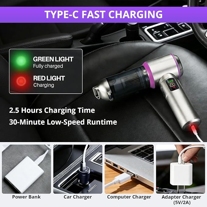Cordless Handheld Vacuum with 17000Pa Suction, Portable Car Vacuum Cleaner for Pet Hair, Home & Desk, 3-Speed, LED Light, 4-in-1 Nozzles, Type-C Charging