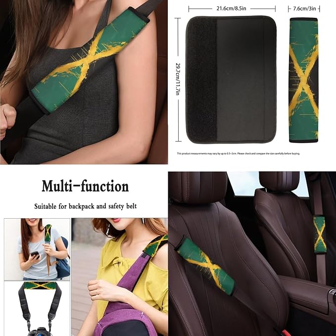 13 Set Jamaican Flag Car Seat Cover, Watercolor Jamaican Flag Front Rear Seat Universal Seat Belt Pads, Vintage Oil Painting Cup Holder Coasters Steering Wheel Cover