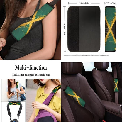 13 Set Jamaican Flag Car Seat Cover, Watercolor Jamaican Flag Front Rear Seat Universal Seat Belt Pads, Vintage Oil Painting Cup Holder Coasters Steering Wheel Cover
