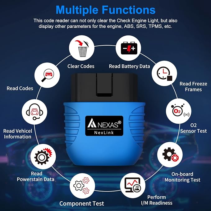 NEXAS NexLINK Bluetooth OBD2 Scanner for Car - Check Engine Light Code Reader with Live Data & Performance Test, Wireless Diagnostic Scan Tool with Resets for All US Vehicles, Works with iOS Android