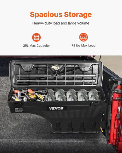 VEVOR Truck Bed Storage Box, Compatible with 2015-2020 Ford F150 R, Waterproof ABS Wheel Well Tool Box with Lockable Lid and Password Padlock, 6.6 Gal/25 L Truck Bed Toolbox, Passenger Side, Black