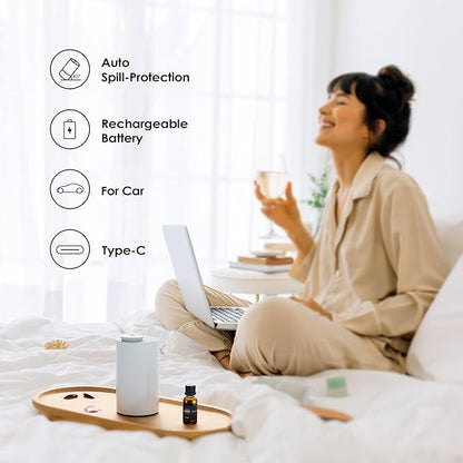 Airversa Waterless Essential Oil Diffuser Starter Kit with 30mL Hotel Fragrance Oil Inspired by BaCRT, Battery Operated Car Diffuser, Portable Aroma Nebulizer for Home Car Office, AN6Kit-C, White