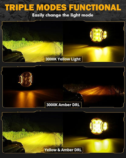Auxbeam V-Ultra Series 3 Inch 108W LED Round Pods, 3 Modes Offroad Driving Side Shooter Light with Amber DRL, 270° Ultra-Wide Amber Cube Universal Spotlights with Covers & DT Plug Wiring Harness