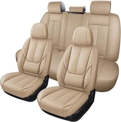 MINGBRON Car Seat Covers Full Set,Black Beige Car Seat Cover, Car Seat Protector Waterproof, Nappa Leather Car Seat Cushion, Fit for Most Cars