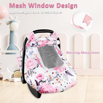 Floral Baby Carseat Cover Girls, Pea Pod Infant Car Seat Covers Canopy for Newborn with 2 Layers Windows of Breathable Mesh/Fabric, Lightweight Polyester/Minky Dot Backing, Snug Fit Most Baby Car Seat