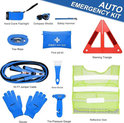 THINKWORK Car Emergency Kit for Teen Boy and Men's Gifts, Blue Emergency Roadside Assistance kit with 10FT Jumper, First Aid Kit, Safety Hammer, Tow Rope, and More Ideal Blue Car Accessories Tool