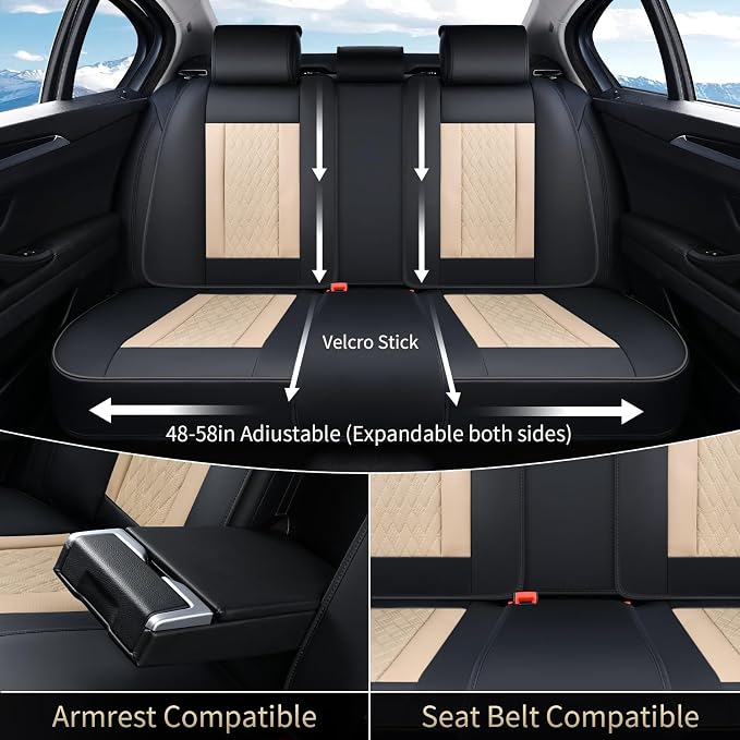 FLORICH Seat Covers, Car Seat Covers Full Set, Luxury Nappa Leather Seat Covers, Breathable and Waterproof Car Seat Protector 5 Seat, Automotive Seat Covers Universal Fit for Most Cars-Black&Beige