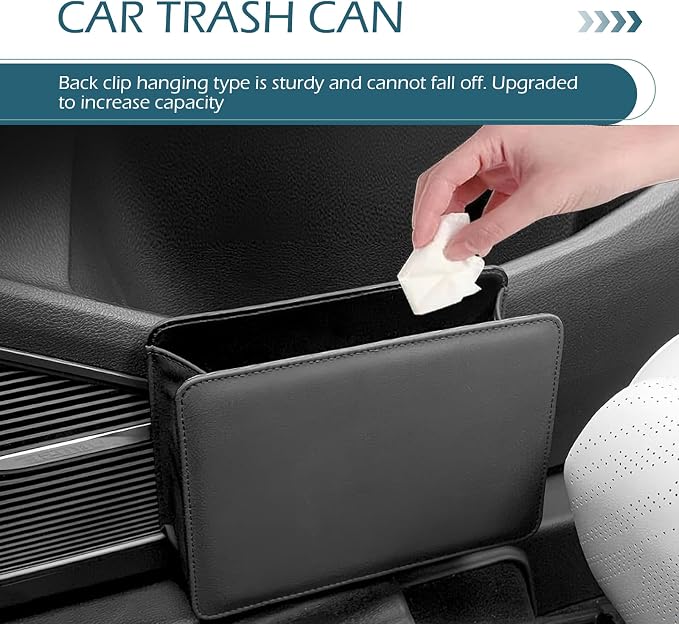 Car Trash Can, Leather Vehicle Trash Bin with 1 Roll Trash Bag, Mini Foldable Seat Back Hanging Storage Bag Container, Waterproof Car Door Storage Box, Universal for Most Cars (Black)