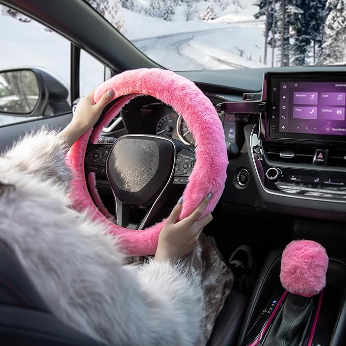 SEG Direct Furry Car Steering Wheel Cover with Fluffy Gear Shift Cover Soft Warm Non-Slip Car Decoration for Women Girls 2 PCS Set, Pink