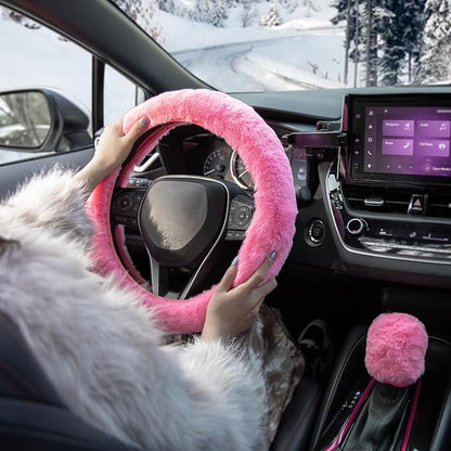 SEG Direct Furry Car Steering Wheel Cover with Fluffy Gear Shift Cover Soft Warm Non-Slip Car Decoration for Women Girls 2 PCS Set, Pink